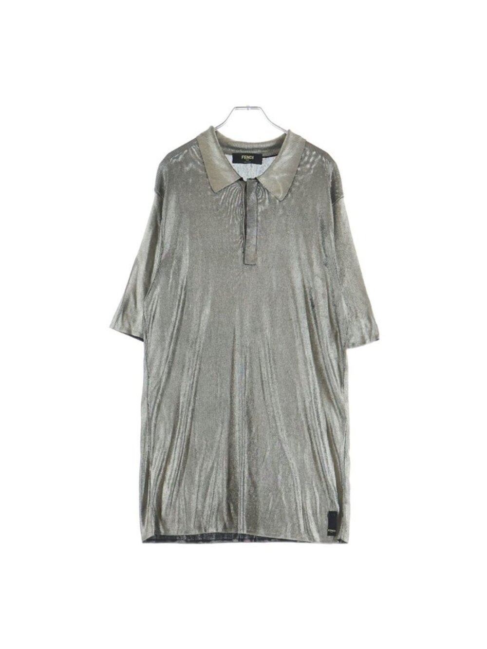 Fendi Metallic Rib Knit Short Sleeve Polo Shirt Silver Black